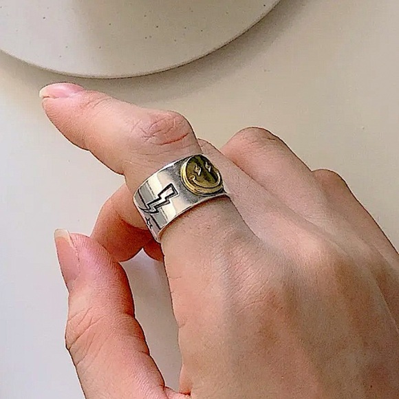 Sterling Silver Happy Face Smiley Adjustable Resizable Minimalist Ring - Picture 4 of 13